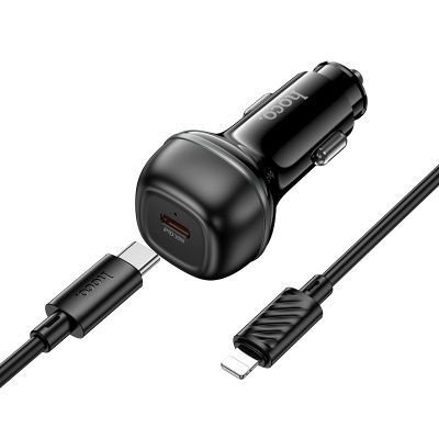 Автомобильное зарядное устройство HOCO Z58 Rank, 1xUSB-C с Кабелем Type-C - Lightning, 30W, черный