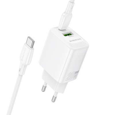 Сетевое зарядное устройство BOROFONE BN27 Fuente 1xUSB + 1xUSB-C с Кабелем Type-C - Type-C, 3A, 20W, белый