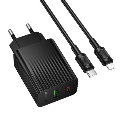 Сетевое зарядное устройство BOROFONE BAS76A Source 1xUSB + 1xUSB-C с Кабелем Type-C - Lightning, 3A, 30W, черный