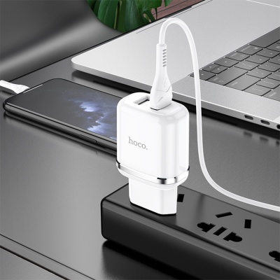 Сетевое зарядное устройство HOCO N4 Aspiring 2xUSB с Кабелем USB - Lightning, 2.4A, 10.8W, белый