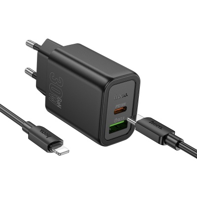 Сетевое зарядное устройство HOCO N63 Gentle 1xUSB + 1xUSB-C с Кабелем Type-C - Lightning, 3A, 30W, черный
