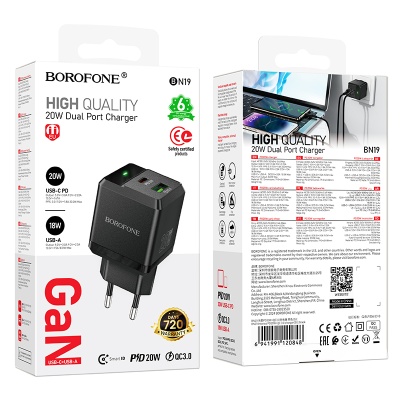 Сетевое зарядное устройство BOROFONE BN19 Intenso 1xUSB + 1xUSB-C, 3A, 20W, черный