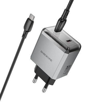 Сетевое зарядное устройство BOROFONE BN21 Lena 2xUSB-C с Кабелем Type-C - Type-C, 40W, серый металлик