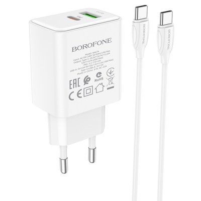 Сетевое зарядное устройство BOROFONE BA67A 1xUSB + 1xUSB-C с Кабелем Type-C - Type-C, 20W, белый