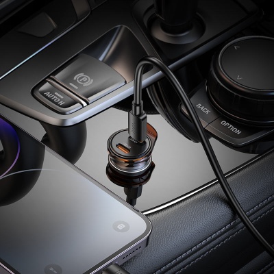Автомобильное зарядное устройство HOCO NZ16B Rigorous, 2xUSB-C с Кабелем Type-C - Lightning, 45W, серый металлик