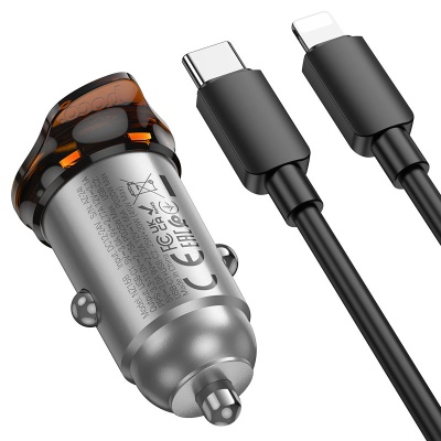 Автомобильное зарядное устройство HOCO NZ16B Rigorous, 2xUSB-C с Кабелем Type-C - Lightning, 45W, серый металлик
