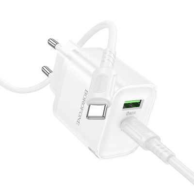 Сетевое зарядное устройство BOROFONE BA83A Flare star 1xUSB + 1xUSB-C с Кабелем Type-C - Type-C, 3A, 20W, белый