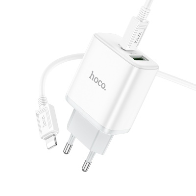 Сетевое зарядное устройство HOCO C105A Stage 1xUSB + 1xUSB-C с Кабелем Type-C - Lightning, 3A, 20W, белый