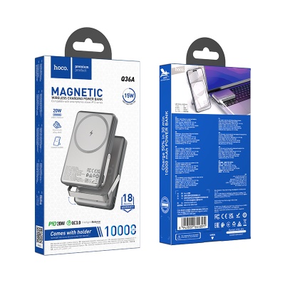 Портативный аккумулятор HOCO Q36A Sunlight, с беспроводной зарядкой, 20W, 10000 мА⋅ч, серый металлик