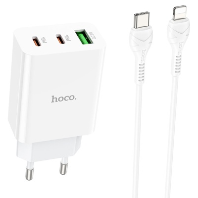 Сетевое зарядное устройство HOCO C99A 1xUSB + 2xUSB-C с Кабелем Type-C - Lightning, 3.0A, 20W, белый