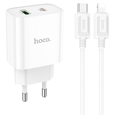 Сетевое зарядное устройство HOCO C80A Plus 1xUSB + 1xUSB-C с Кабелем Type-C - Lightning, 3.0A, 20W, белый