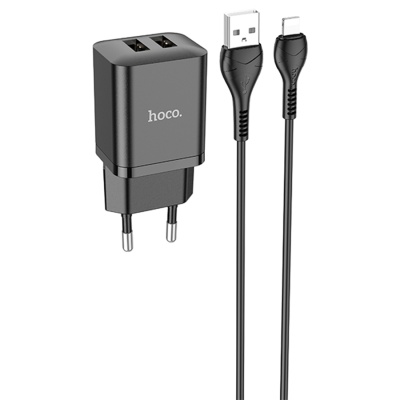 Сетевое зарядное устройство HOCO N25 Maker 2xUSB с Кабелем USB - Lightning, 2.1A, 10W, черный