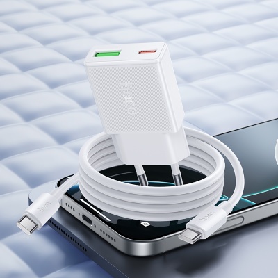 Сетевое зарядное устройство HOCO N73 Speed 1xUSB + 1xUSB-C с Кабелем Type-C - Type-C, 3A, 20W, белый
