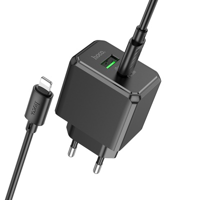 Сетевое зарядное устройство HOCO CS14A Ocean 1xUSB + 1xUSB-C с Кабелем Type-C - Lightning, 3A, 20W, черный