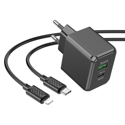 Сетевое зарядное устройство HOCO CS14A Ocean 1xUSB + 1xUSB-C с Кабелем Type-C - Lightning, 3A, 20W, черный