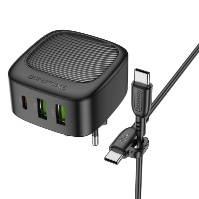 Сетевое зарядное устройство BOROFONE BAS23A Lucky 1xUSB + 2xUSB-C с Кабелем Type-C - Type-C, 3A, 30W, черный