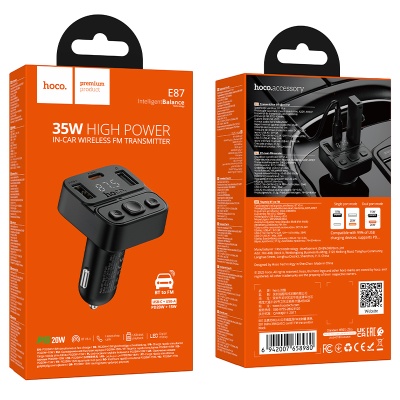 Автомобильное зарядное устройство с FM-Трансмиттер HOCO E87 Delta, 2xUSB + 1xUSB-C, 3A, 35W, черный