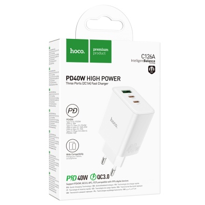 Сетевое зарядное устройство HOCO C126A Pure power 1xUSB + 2xUSB-C, 40W, белый
