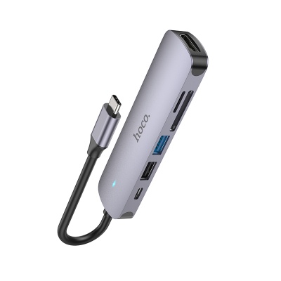 USB HUB разветвитель HOCO HB28 6 в 1 Type-C (m) - USB3.0 + USB2.0 + Type-C PD + HDMI + SD/TF, 14 см, серый металлик