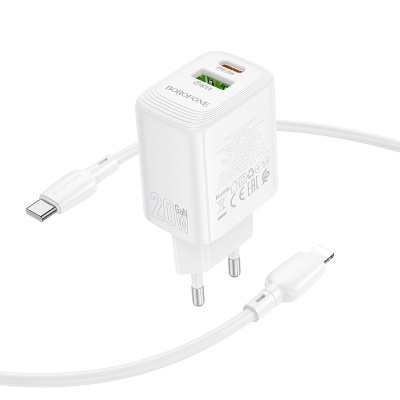 Сетевое зарядное устройство BOROFONE BN27 Fuente 1xUSB + 1xUSB-C с Кабелем Type-C - Lightning, 3A, 20W, белый