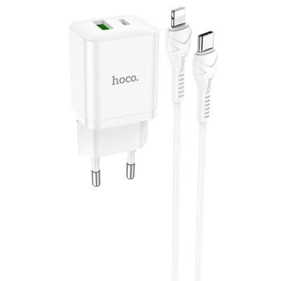 Сетевое зарядное устройство HOCO N28 Founder 1xUSB + 1xUSB-C с Кабелем Type-C - Lightning, 20W, белый