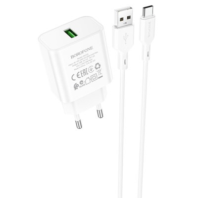 Сетевое зарядное устройство BOROFONE BA72A Spring 1xUSB с Кабелем USB - Type-C, 18W, белый