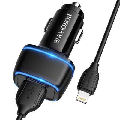 Автомобильное зарядное устройство BOROFONE BZ14 Max, 2xUSB с Кабелем USB - Lightning, 2.4A, черный