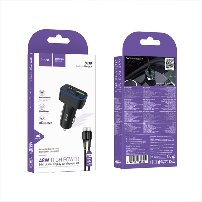 Автомобильное зарядное устройство HOCO Z63B Barry, 1xUSB + 1xUSB-C с Кабелем Type-C - Type-C, 48W, черный