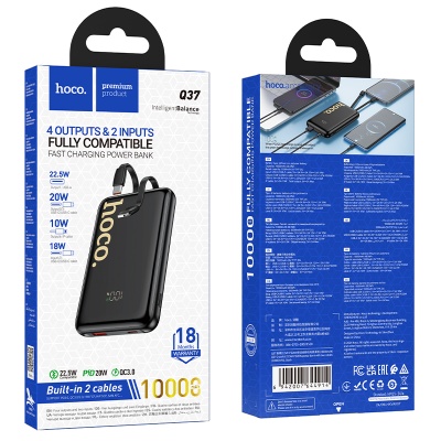 Портативный аккумулятор HOCO Q37 Graceful, встроенный кабель Lightning + Type-C, 20W, 10000 мА⋅ч, черный