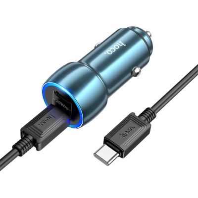 Автомобильное зарядное устройство HOCO Z48 Tough, 2xUSB-C с Кабелем Type-C - Type-C, 40W, синий