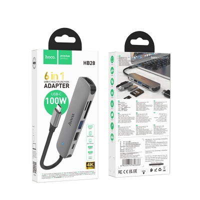 USB HUB разветвитель HOCO HB28 6 в 1 Type-C (m) - USB3.0 + USB2.0 + Type-C PD + HDMI + SD/TF, 14 см, серый металлик