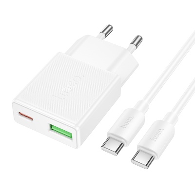 Сетевое зарядное устройство HOCO N73 Speed 1xUSB + 1xUSB-C с Кабелем Type-C - Type-C, 3A, 20W, белый