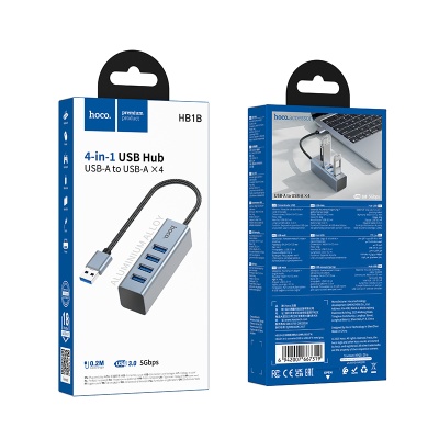 USB HUB разветвитель HOCO HB1B 4 в 1 USB (m) - 4xUSB3.0 (f), 1 м, серый металлик