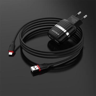 Сетевое зарядное устройство BOROFONE BA24A Vigour 2xUSB с Кабелем USB - Lightning, 2.4A, черный