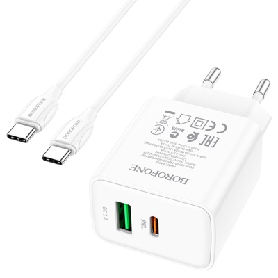 Сетевое зарядное устройство BOROFONE BA67A 1xUSB + 1xUSB-C с Кабелем Type-C - Type-C, 20W, белый