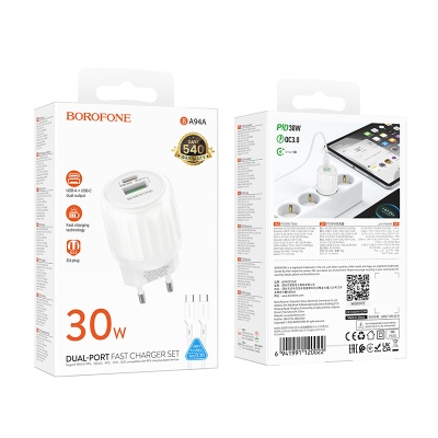 Сетевое зарядное устройство BOROFONE BA94A Lustrous 1xUSB + 1xUSB-C с Кабелем Type-C - Type-C, 3A, 30W, белый