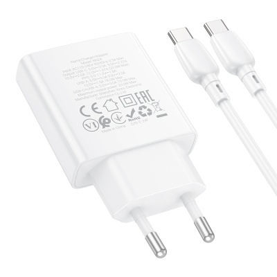 Сетевое зарядное устройство BOROFONE BN24 Wish 1xUSB + 1xUSB-C с Кабелем Type-C - Type-C, 3A, 20W, белый