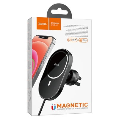 Автомобильный держатель HOCO CA90 Powerful magnetic, магнитный с беспроводной зарядкой, 15W, на воздуховод, черный