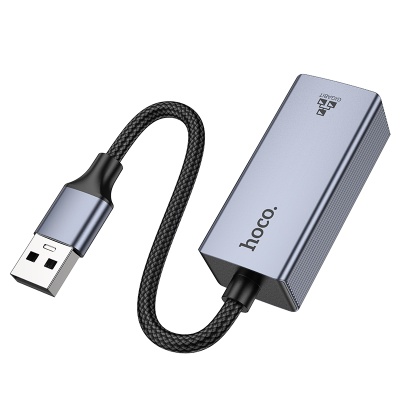 Переходник/Адаптер HOCO UA37 USB (m) - RJ45 (f), 12 см, серый металлик
