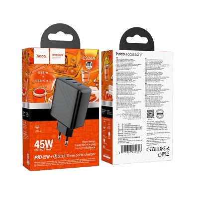 Сетевое зарядное устройство HOCO CS26A Article 1xUSB + 2xUSB-C, 3A, 45W, черный