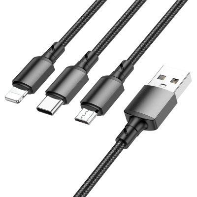 Кабель USB BOROFONE BX72 3 в 1 USB - Type-C + Lightning + MicroUSB, 2А, 1 м, черный