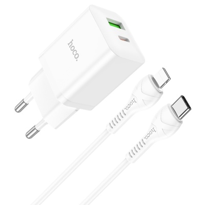 Сетевое зарядное устройство HOCO N28 Founder 1xUSB + 1xUSB-C с Кабелем Type-C - Lightning, 20W, белый