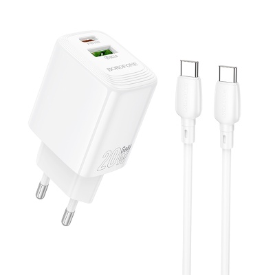 Сетевое зарядное устройство BOROFONE BN27 Fuente 1xUSB + 1xUSB-C с Кабелем Type-C - Type-C, 3A, 20W, белый
