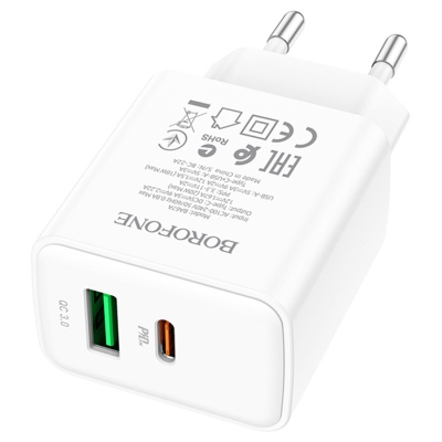 Сетевое зарядное устройство BOROFONE BA67A 1xUSB + 1xUSB-C, 20W, белый