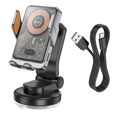 Автомобильный держатель HOCO HW8 Transparent, зажимной с беспроводной зарядкой, 15W, на приборную панель, серый металлик