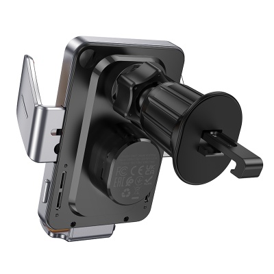 Автомобильный держатель HOCO HW7 Transparent, зажимной с беспроводной зарядкой, 15W, на воздуховод, серый металлик