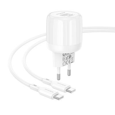 Сетевое зарядное устройство BOROFONE BA94A Lustrous 1xUSB + 1xUSB-C с Кабелем Type-C - Type-C, 3A, 30W, белый