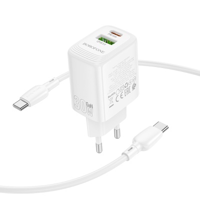 Сетевое зарядное устройство BOROFONE BN29 Fuente 1xUSB + 1xUSB-C с Кабелем Type-C - Type-C, 3A, 30W, белый