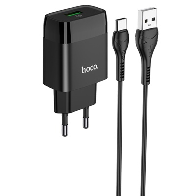 Сетевое зарядное устройство HOCO C72Q Glorious 1xUSB с Кабелем USB - Type-C, 3.0A, 18W, черный