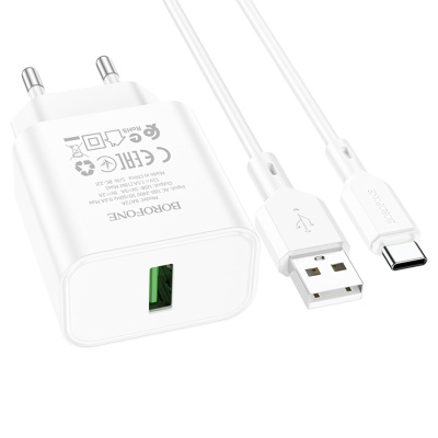 Сетевое зарядное устройство BOROFONE BA72A Spring 1xUSB с Кабелем USB - Type-C, 18W, белый